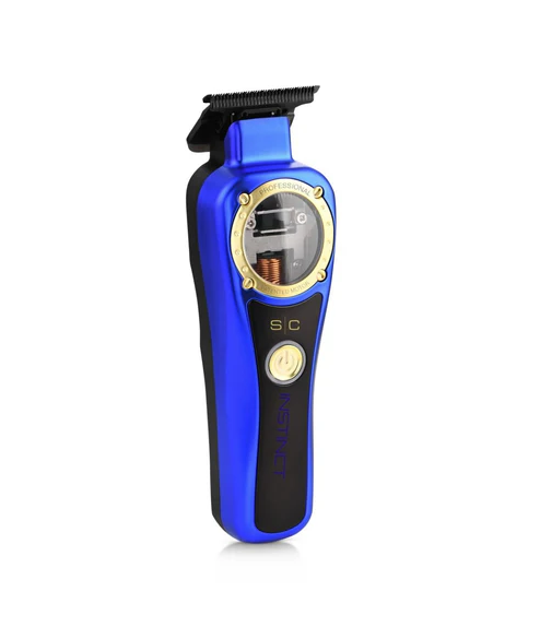 Blue and black hair trimmer with gold accents on a white background