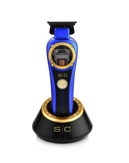 Blue and black hair trimmer with gold accents on a white background