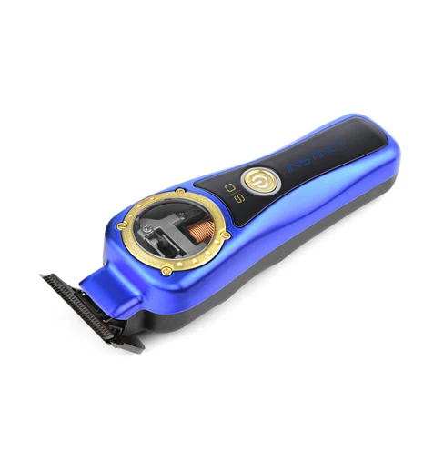 Blue and black hair trimmer on a white background