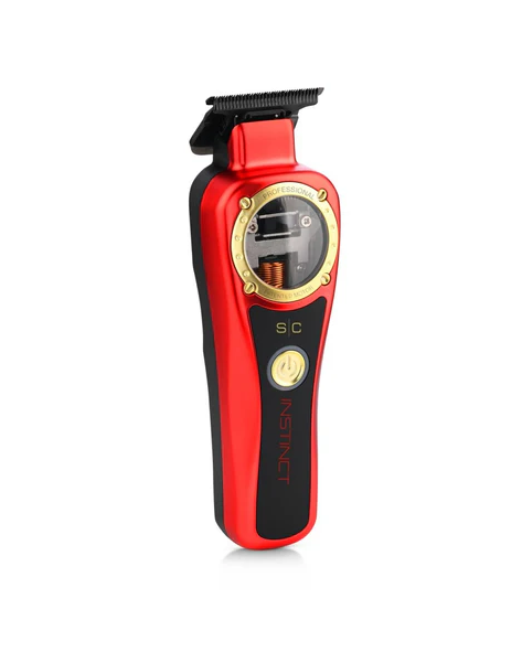 Red and black hair trimmer with gold accents on a white background