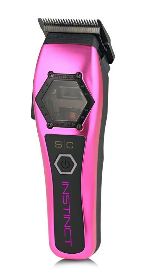Pink hair clipper with black accents on a white background