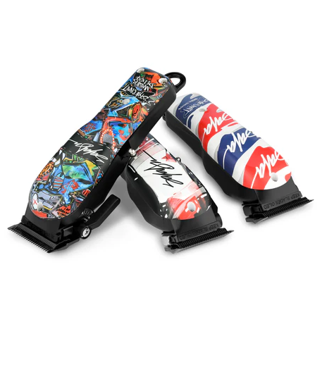 Three colorful hair clippers on a white background