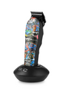 Colorful hair clipper on a black stand with 'SC' branding