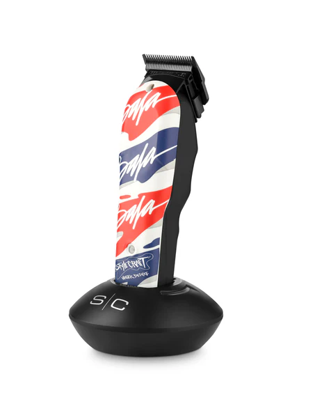 Hair clipper with a colorful handle on a white background