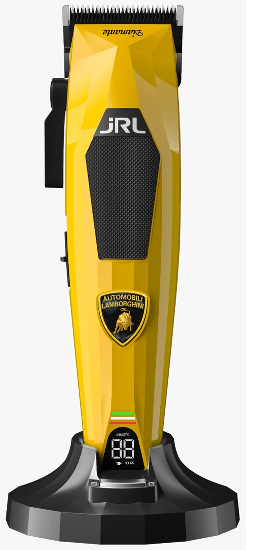 Yellow hair clipper with Lamborghini logo on a white background