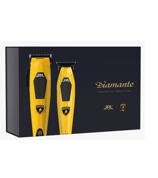 Yellow hair clipper and trimmer set with black accents on a Diamante branded box