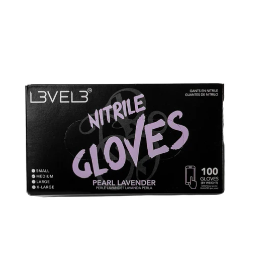 Box of Level 3 nitrile gloves in pearl lavender on a white background
