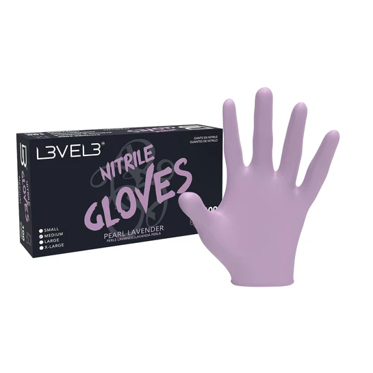 Purple nitrile gloves with Level 3 packaging on a white background