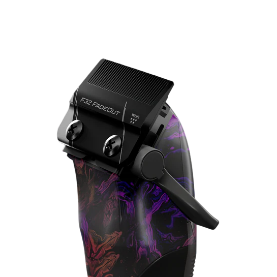 Black grooming tool with colorful design on a white background