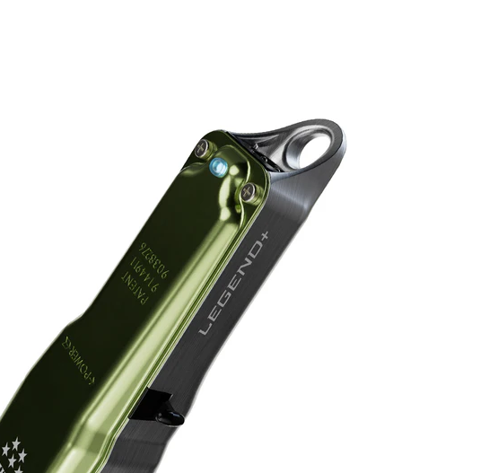 Close-up of a green and black device with 'Legend+' branding on a white background