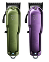 Two Wahl legend+ hair clippers, one green and one purple, on a white background.