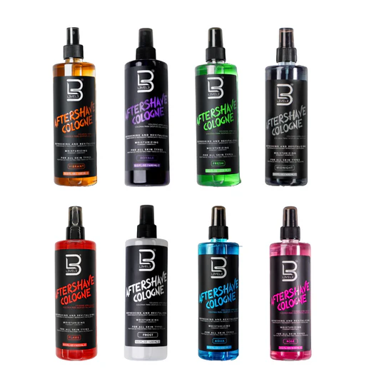 Collection of L3VEL3 after-shave cologne bottles in various colors on a white background