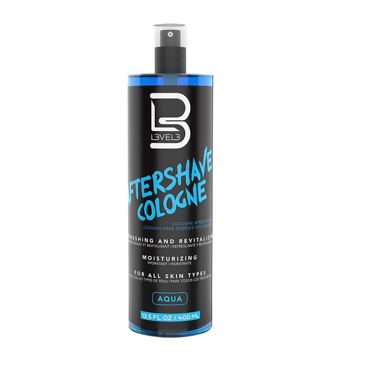 Bottle of aftershave cologne with a black and blue label on a white background
