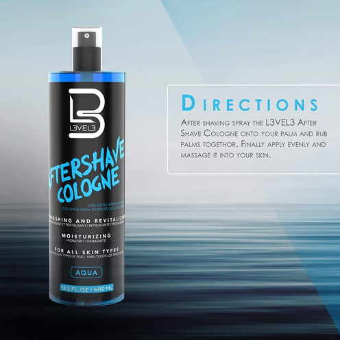 L3VEL3 aftershave cologne bottle with directions on a gradient background