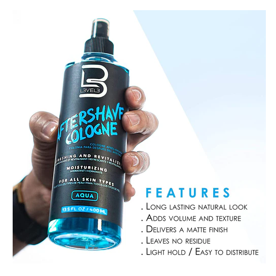 Hand holding a bottle of aftershave cologne with product details on a white background