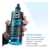 Hand holding a bottle of aftershave cologne with product details on a white background