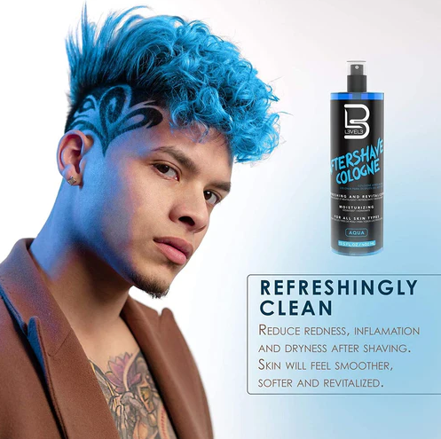 Man with blue hair and L3VEL3 aftershave cologne bottle on a white background