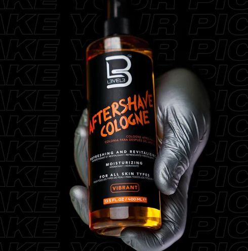 Bottle of aftershave cologne held in a gloved hand against a black background with 'Bike' branding.