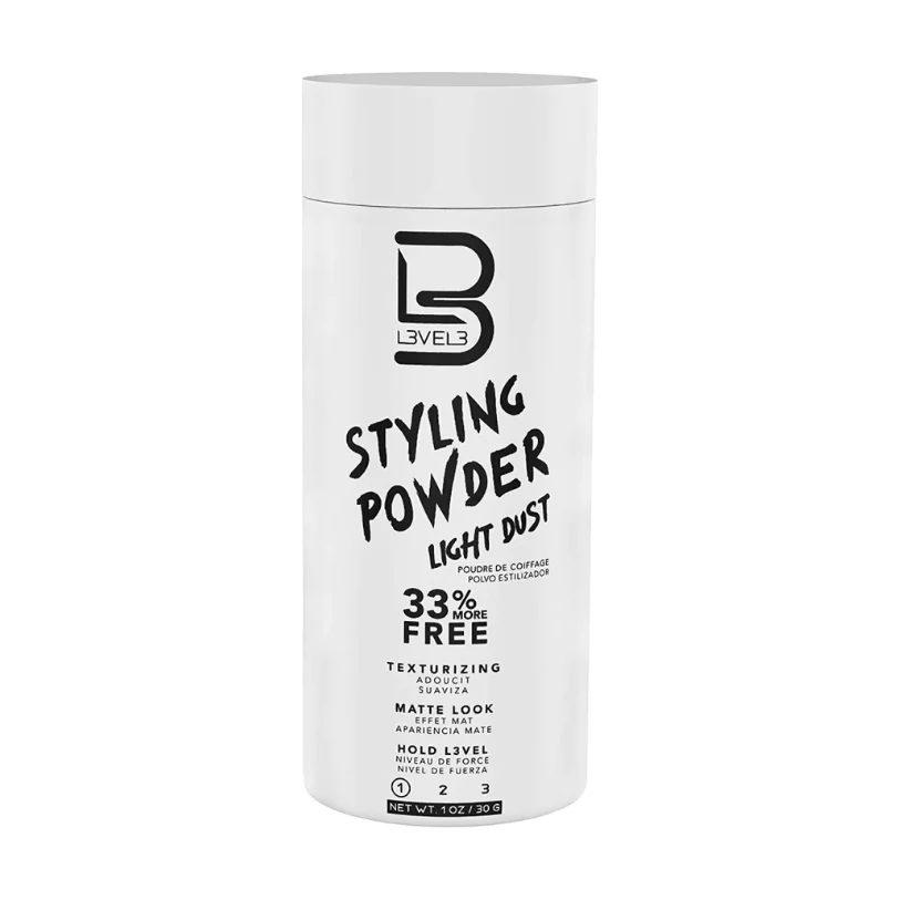 Styling powder container with 'L3VEL3' branding on a white background