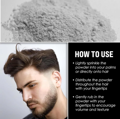L3VEL3 light hair styling powder with a man using it and instructions on how to use it.