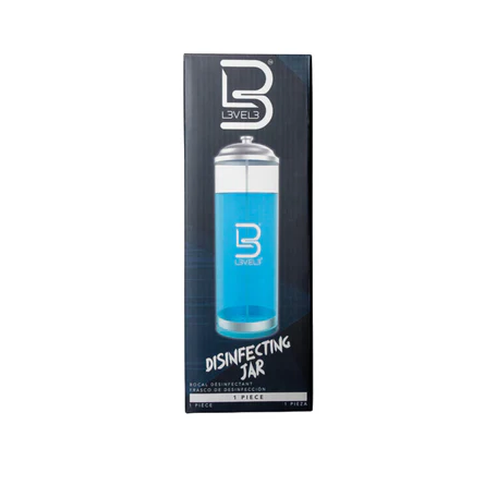 Box of a disinfecting jar with blue liquid and brand logo on a white background