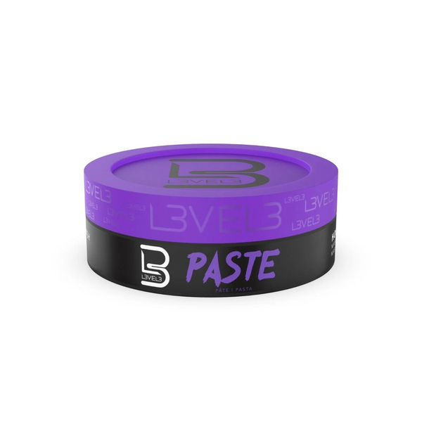 Purple and black container of Level 3 paste on a white background