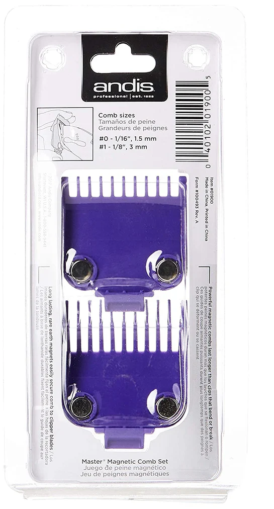 Andis comb set packaging with purple comb on a white background