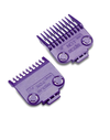 Two purple hair clipper comb attachments on a white background