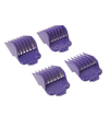 Four purple hair clipper blades on a white background