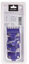 Andis hair clipper comb set packaging with purple comb on a white background