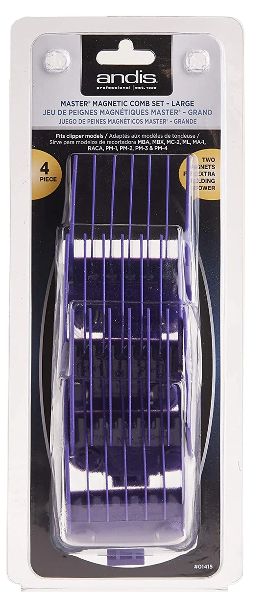 Andis master magnetic comb set packaging with purple combs on a black background