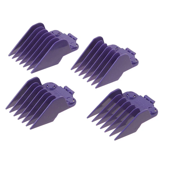 Four purple hair clipper comb attachments on a white background