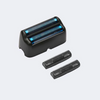 Shaver head with blue foil and two black replacement heads on a white background