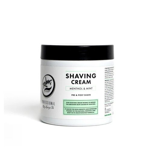 Jar of Rolda shaving cream with a black lid on a white background