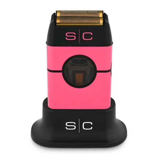 Pink and black electric shaver with 's/c' branding on a white background