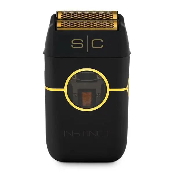Black and gold electric shaver with 'SC' branding on a white background