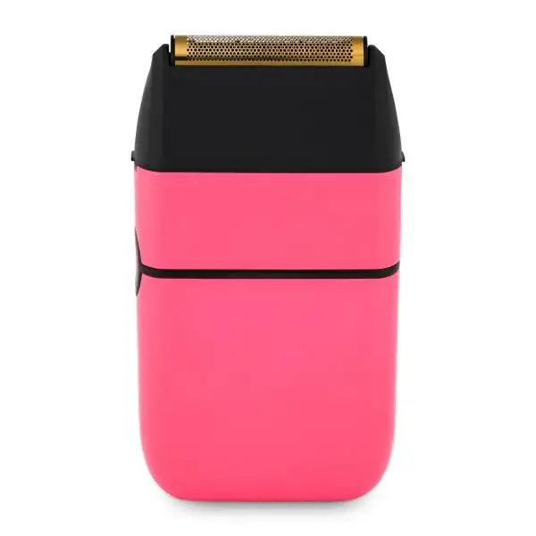 Pink and black electric shaver on a white background