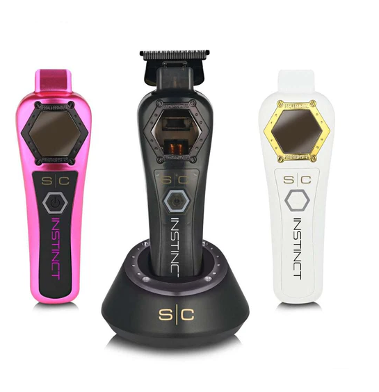Three SIC Instinct grooming devices in pink, black, and white on a white background