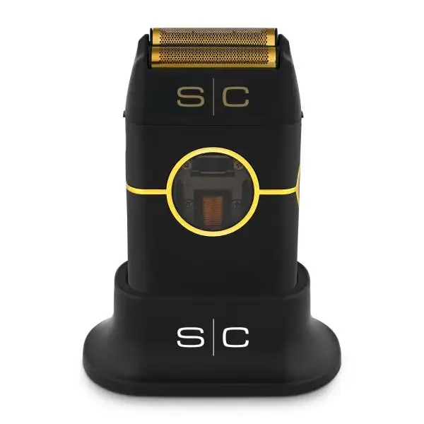 Black and gold electric shaver with 'SC' branding on a white background