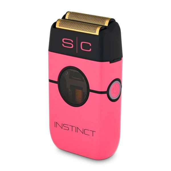 Pink and black electric shaver with 'SC' branding on a white background
