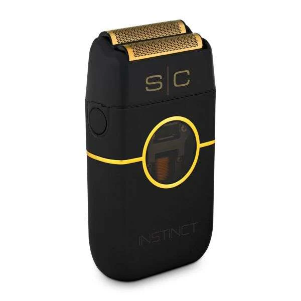 Black and gold electric shaver with 'SC' branding on a white background