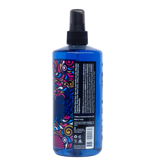 Rolda Blue spray bottle with colorful label on a white background