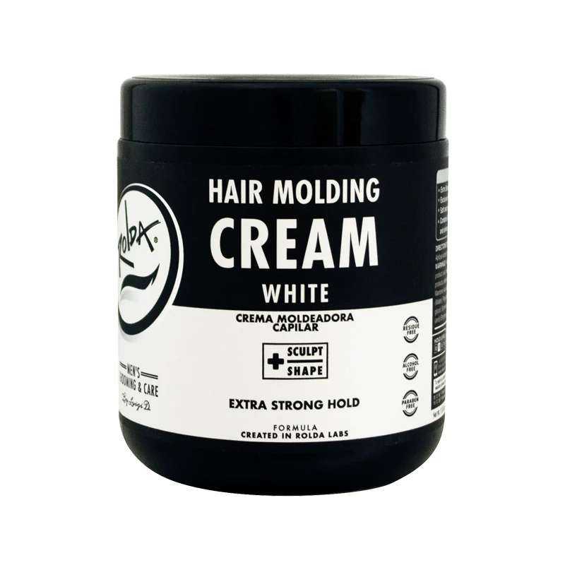 Jar of Rolda hair molding cream with black and white label on a white background
