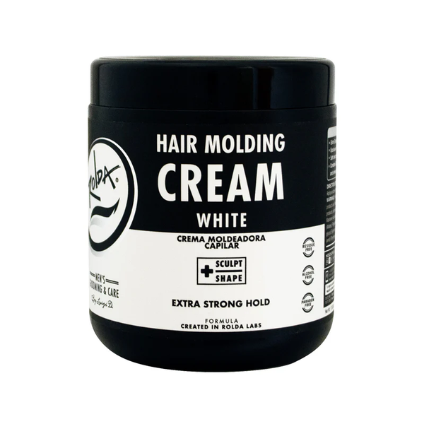 Jar of Rolda hair molding cream with black and white label on a white background