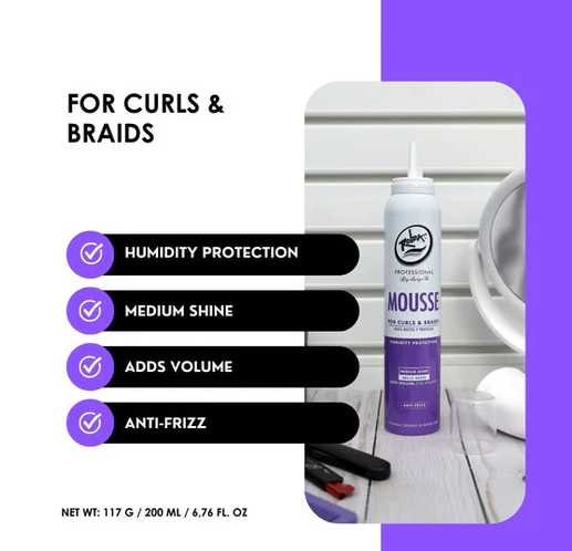 Rolda Mousse bottle for curls and braids with text highlighting features on a white background.