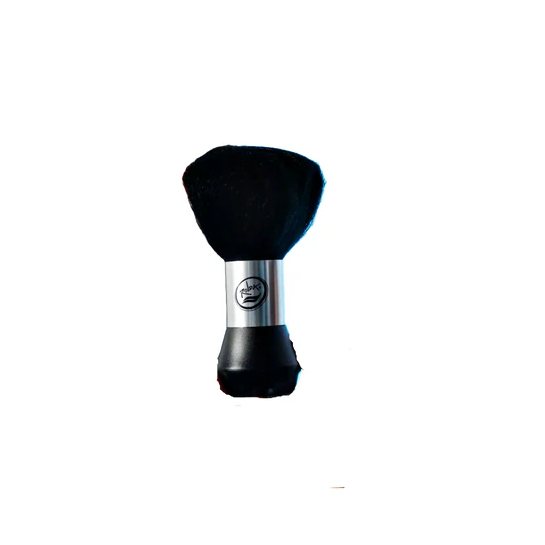 Black Rolda barber neck duster with silver ferrule on a white background