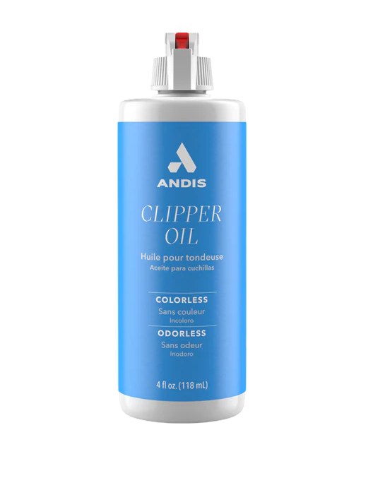 Andis clipper oil bottle with blue label on a white background