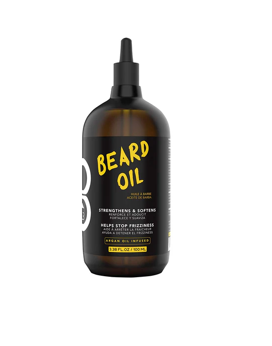 Bottle of 'L3VEL3' beard oil with a black and yellow label on a white background