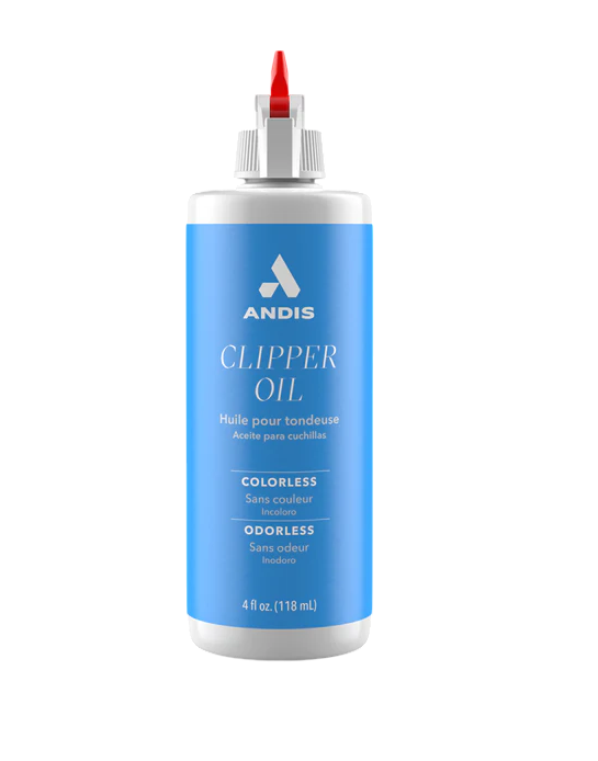 Andis clipper oil bottle with blue label on a white background