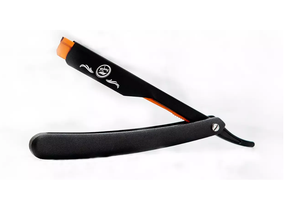 Black Rolda straight razor with orange accents on a white background
